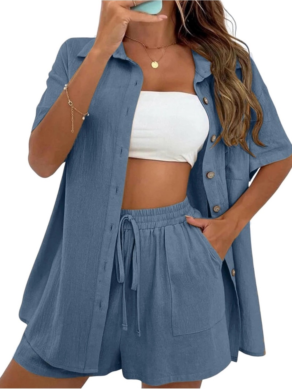 Amazon Blue Two-Piece Pajama Set with Shorts and Button-Up Top